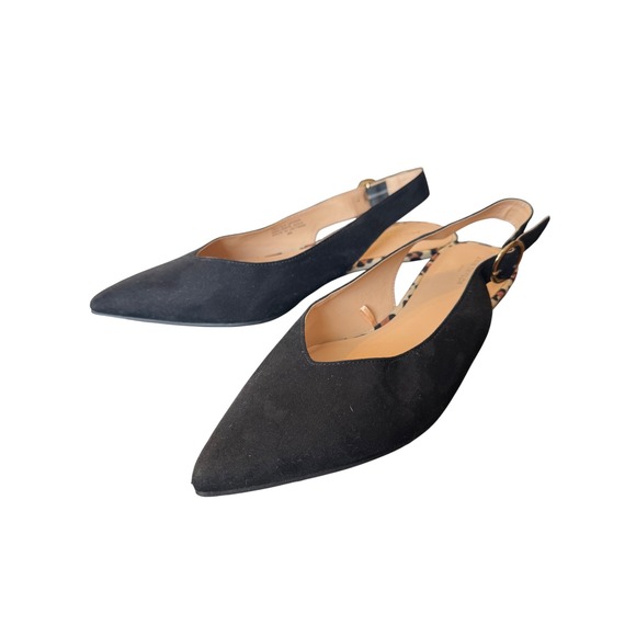 Ann Taylor Factory Shoes - Ann Taylor Womens Black Slingback Flats Pointed Toe Leopard Trim Size 9M‎